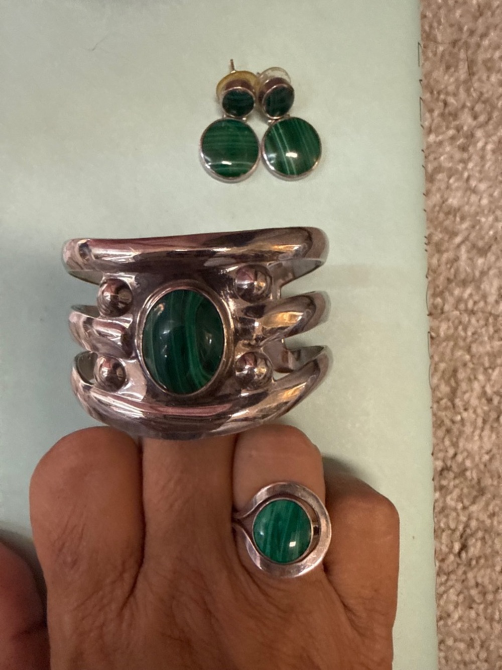 Sterling Silver Green Malachite Jewelry Set - Ring, Bracelet, Earrings